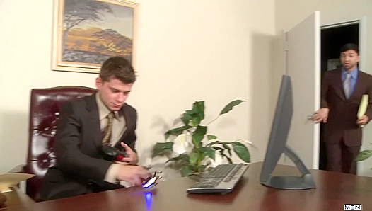 Hard-Fucking Coworker Through Dress Shirt Buttons - Gay Office Threesome