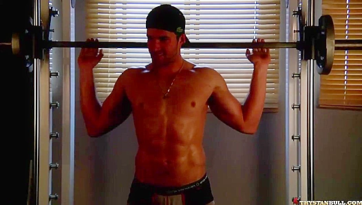 Sweaty Muscle God Tempts in Drenched Home Gym Workout - GayWorkouts 18+