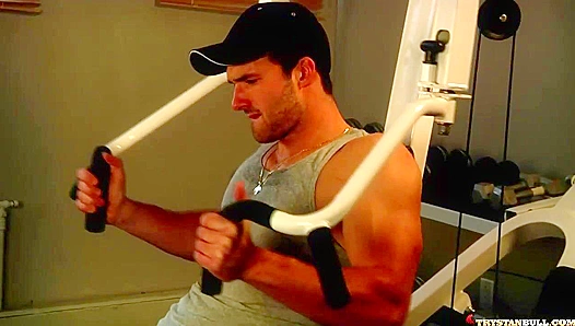 Sweaty Muscle God Tempts in Drenched Home Gym Workout - GayWorkouts 18+