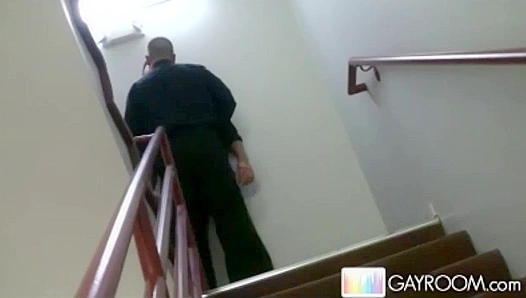 Steamy Stairway Hookups: Horny Mates Facefuck Spurt on the Spot – GayXXX