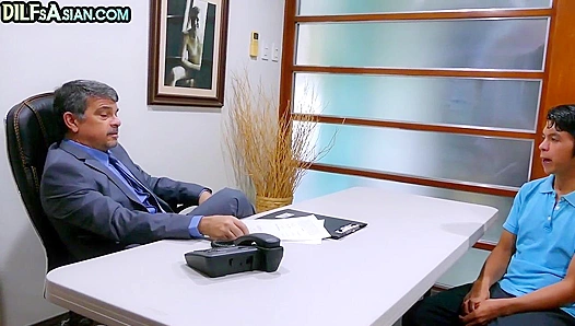 DILF Boss Claims Submissive Boys Tight Hole in Raw Office Threeway