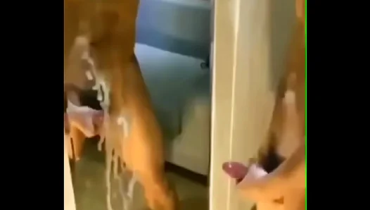 Horny Asian Hunk Unleashes Giant Spurt, Painting the Mirror with Thick White Cream