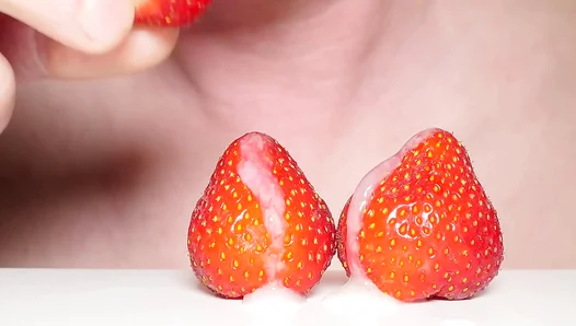 Strawberry Sensation: Fire-Haired Cutie Devours Thick Cream, Savoring Every Last Spurt –