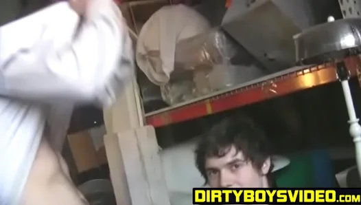 Kyle Gobbles Down Jacks Thick Presidential Spunk in Sleazy Warehouse Gang Bang –