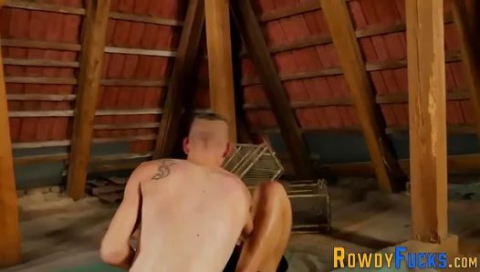 Intense Threeway Raw Rodeo: Hulking Stud Takes Turns Pounding Young Athletes Clenching