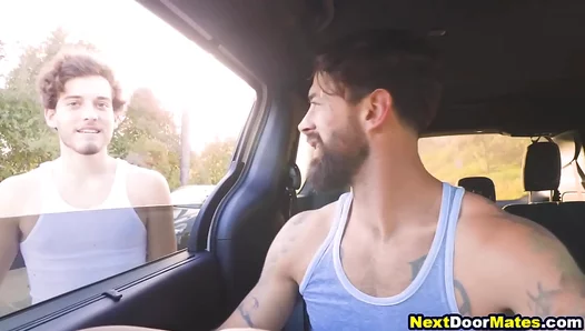 Raunchy Road Trip Escapade: Inked Hunk Seizes Control for Wild Bareback Ride
