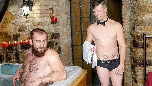 Bearded Daddy Jerry Asserts Dominance Over Submissive Ryu in Intense Gay Steam Room