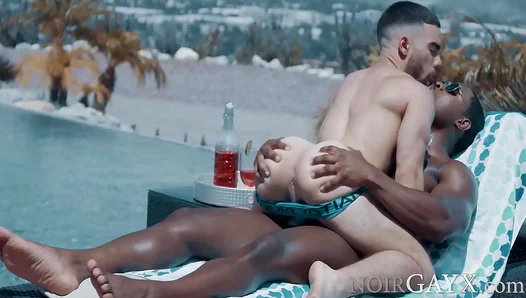 Steamy Poolside Ride: DeAngelos Lust for Ripped Ebony Stallion – Interracial Threesome