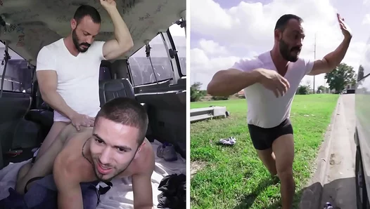 Muscle Studs Desperate Thirst: Raw, Sweaty Hookup with Joey Doves in Bait Bus Van – 18+