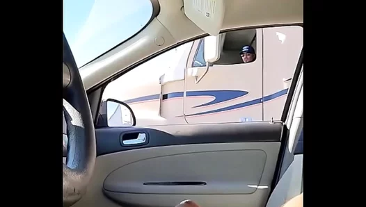 Wild Truck Stop Threesome: Hung Driver Bares Massive Cock for Voyeuristic Fun