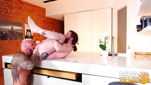 Inked Brawn Unleashes Raw Fury, Slamming Massive Quads into Chiseled Bears Rugged Rear