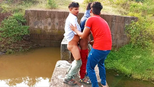 Steamy Woods Threesome: Youthful Lust Ignites as Boys Pleasure Each Other by the Gurgling