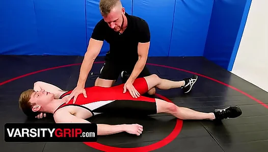 Coachs Intense Post-Match Domination: Brian Bonds Pins Young Twink Wrestler in Varsity