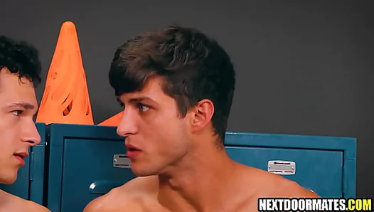 Steamy Locker Room Orgy: Athletic Hunk Coaches Throated and Hammered by Rugged Jock