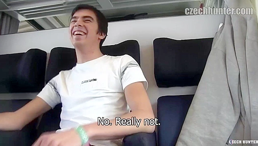 Riding the rails, young Czech stud eagerly slurps and sucks throbbing dick on bumpy train