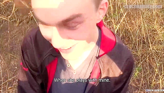 Rugged Czech Beast Unleashes Thick Load on Subs Innocent Face in Outdoor Threesome -