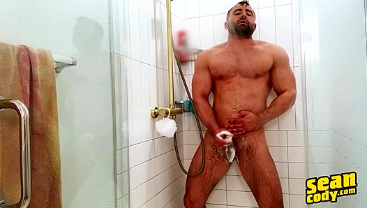 Steamy Shower Self-Love: Handsome Bearded Stud Rubs His Thick Cock Amidst Frothy Bubbles